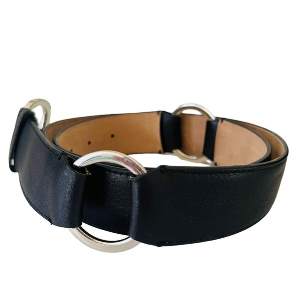 Ann Taylor Black Leather Dual Ring Belt Womens Large Silver Buckle & Design - Picture 4 of 14